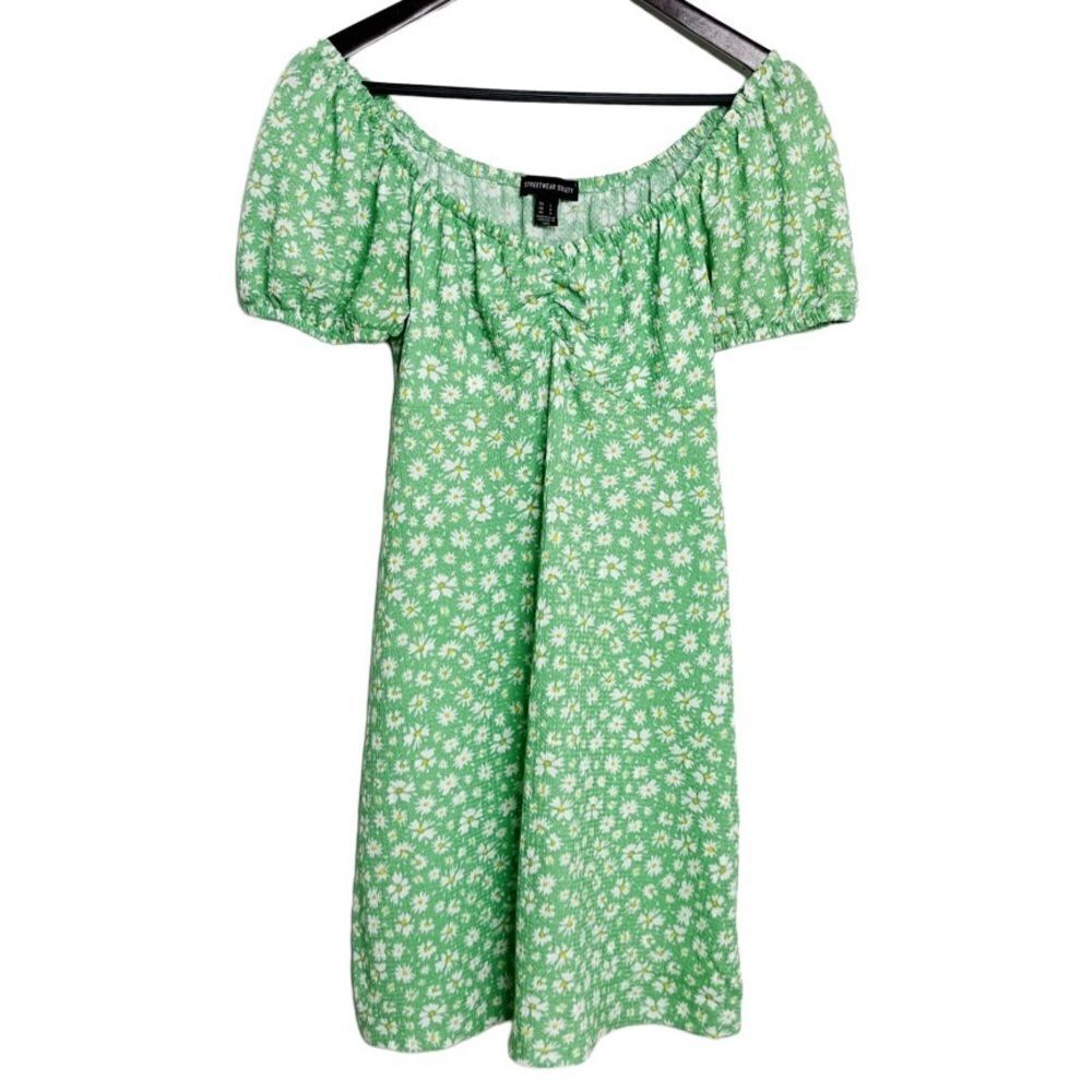 Streetwear Society Floral Short Sleeve Mini Dress Lime Green & White Large